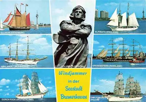 AK / Ansichtskarte 73968231 BREMERHAVEN Windjammer in der Seestadt Columbus-Denkmal