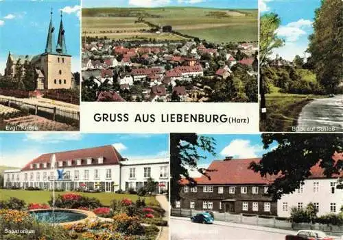 AK / Ansichtskarte 73968521 Liebenburg_Niedersachsen Kirche Panorama Schloss Sanatorium Strassenpartie