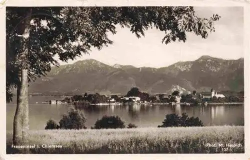 AK / Ansichtskarte  Fraueninsel_Chiemsee Ansicht vom Ufer aus Blick gegen Chiemgauer Alpen