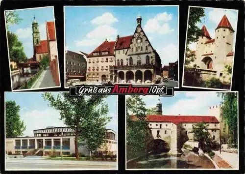 AK / Ansichtskarte  Amberg_Oberpfalz Kirche Rathaus Stadttor Festhalle Schloss