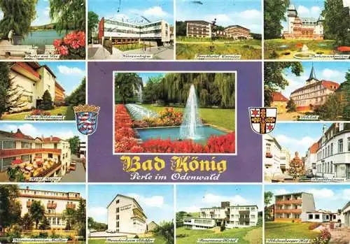 AK / Ansichtskarte 73968711 Bad_Koenig_Odenwald See Haus Hildegard Hotel Krone Kursanatorium Mueller Kurzentrum Fremdenheim Schaefer Panorama Hotel Forsthotel Carnier Parksanatorium Schloss Stadtbrunnen Schoeneberger Hof