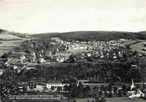 AK / Ansichtskarte 73969283 Bad_Brueckenau Stadtteil mit Bahnhof und Ev Kirche Fliegeraufnahme