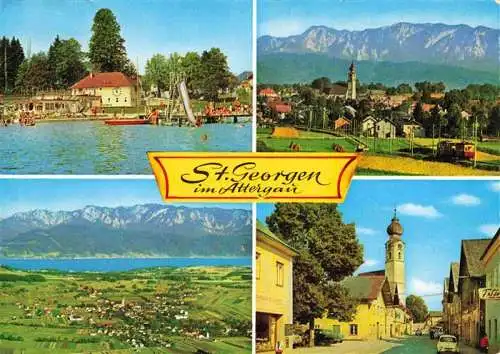 AK / Ansichtskarte 73969409 St_Georgen_Attergau Teilansichten Zentrum Kirche Badestrand Alpenblick Luftaufnahme