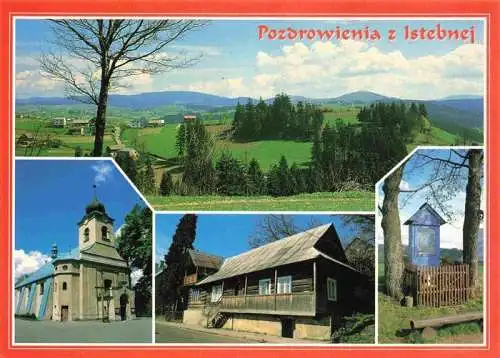 AK / Ansichtskarte 73969429 Istebna_PL Panorama z okolic Istebnej Kosciol Drewniana chata Kapliczka na Skale Kirche Kapelle