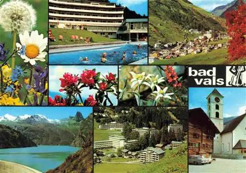 AK / Ansichtskarte  Bad_Vals_GR Kurhotel Thermalbad Stausee Zervreila Kurhotels Dorfplatz Alpenflora
