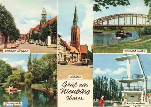 AK / Ansichtskarte  Nienburg_Weser Lange Strasse Kirche Weserbruecke Schwimmbad Sprungturm Stadtpark Teich