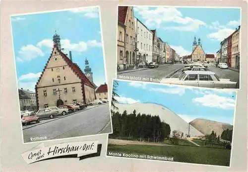 AK / Ansichtskarte 73970302 Hirschau_Oberpfalz Rathaus Marktplatz Kirche Monte Kaolino mit Schwimmbad