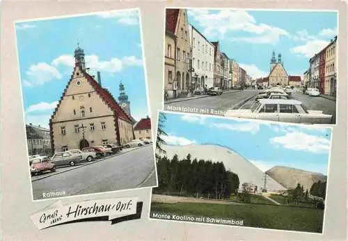 AK / Ansichtskarte  Hirschau_Oberpfalz Rathaus Marktplatz Kirche Monte Kaolino mit Schwimmbad