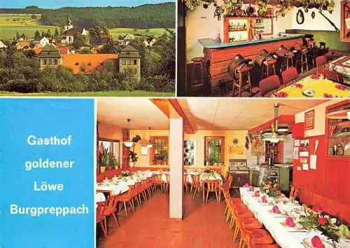 AK / Ansichtskarte 73970310 Burgpreppach Gasthof Goldener Loewe Restaurant Theke Ortsansicht mit Kirche