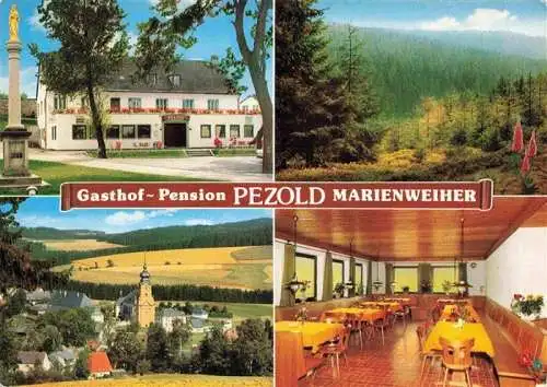 AK / Ansichtskarte 73970312 Marienweiher Gasthof Pension Pezold Blick zur Kirche Landschaft
