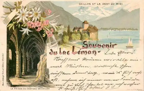 AK / Ansichtskarte  CHILLON_Chateau_de_Montreux_VD La Prison du Château de Chillon vue panoramique et la Dent du Midi Kuenstlerkarte