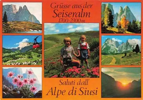 AK / Ansichtskarte 73970692 Seiseralm_Alpe_di_Siusi_Trentino_IT Panorama Teilansichten Kinder Luftseilbahn Sonnenaufgang