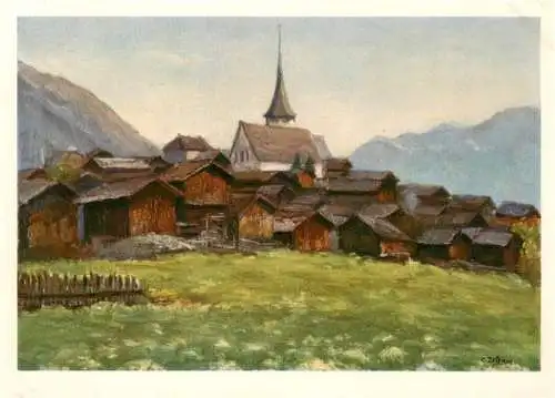 AK / Ansichtskarte  Muenster_Wallis_Valais_Kanton Dorfansicht mit Kirche Kuenstlerkarte
