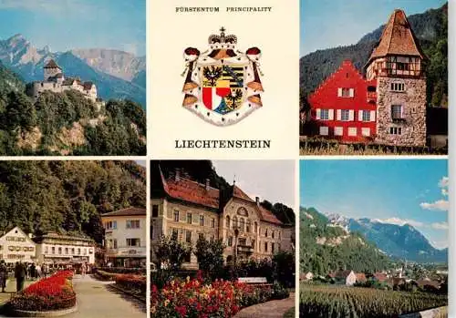 AK / Ansichtskarte 73971182 Vaduz_Liechtenstein_FL Schloss Staatswappen Rotes Haus Zentrum Regierung Panorama