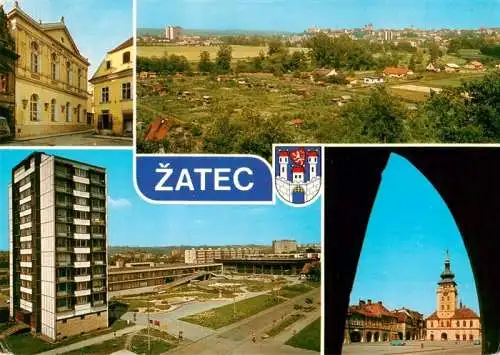 AK / Ansichtskarte  Zatec_Saaz_CZ Theater Stadtpanorama Hochhaus Rathaus