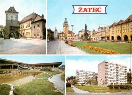 AK / Ansichtskarte 73971195 Zatec_Saaz_CZ Priestertor Ringplatz Rathaus Haus der Kultur Wohnsiedlung Hochhaeuser