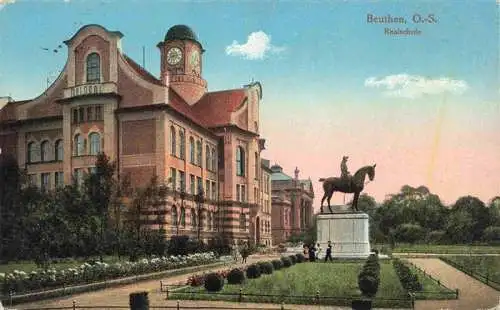 AK / Ansichtskarte  Beuthen_Oberschlesien_BYTOM_PL Realschule Denkmal Reiterstandbild