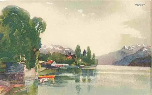 AK / Ansichtskarte  Vevey_VD Partie am Genfersee Kuenstlerkarte Werbung Zwicky Naehseiden