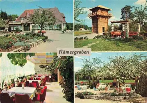 AK / Ansichtskarte 73971681 Geisselhardt Cafe Pension Roemergraben am Limes-Turm Gastraum Terrasse