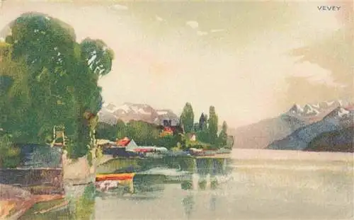 AK / Ansichtskarte  Vevey_VD Panorama Genfersee Alpen Kuenstlerkarte Werbung Naehseiden Zwicky