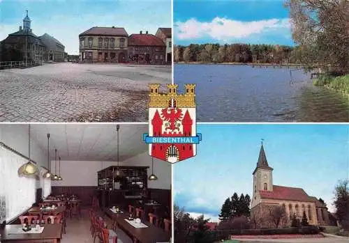 AK / Ansichtskarte  Biesenthal_-Bernau_Brandenburg Ev Kirche Wuckensee Strandbad Cafe Gaststaette Zum Haehnchen Marktplatz