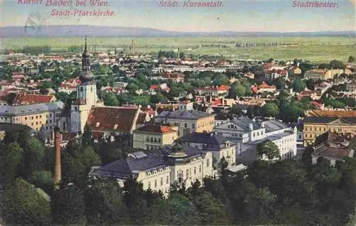 AK / Ansichtskarte  BADEN_WIEN_AT Panorama Stadtpfarrkirche Kuranstalt Stadttheater