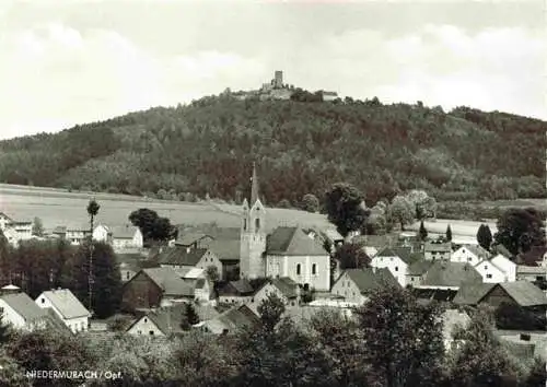 AK / Ansichtskarte 73972668 Niedermurach_Bayern Ortsansicht mit Kirche Blick zur Burg