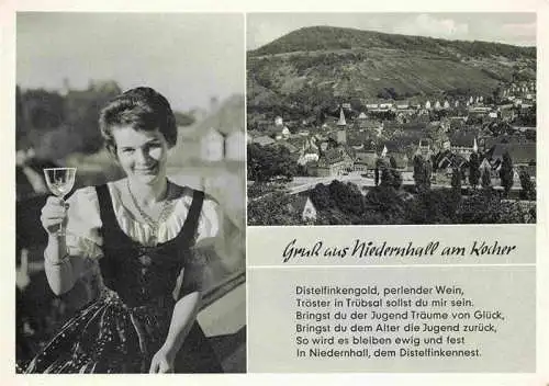 AK / Ansichtskarte 73972752 Niedernhall_BW Panorama Distelfinkengold Wein Trachten Weinprinzessin