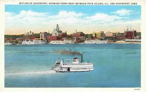 AK / Ansichtskarte 73972867 Davenport_Iowa Skyline of Davenport Ferry Boat between Rock Island Illustration