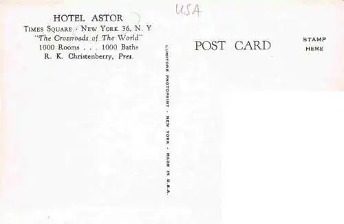 AK / Ansichtskarte 73972897 NEW_YORK_City_USA Hotel Astor at the Crossroads of the World