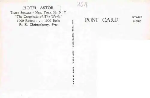 AK / Ansichtskarte  NEW_YORK_City_USA Hotel Astor at the Crossroads of the World