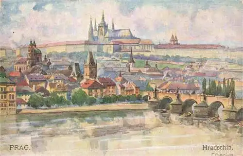 AK / Ansichtskarte  Prag__PRAHA_Prahy_Prague Hradschin Stadtbild mit Prager Burg Kuenstlerkarte