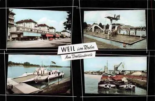 AK / Ansichtskarte 73973536 Weil_am_Rhein Teilansichten Freibad Sprungturm Hafen Bootsanleger