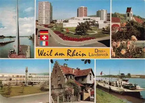 AK / Ansichtskarte 73973740 Weil_am_Rhein Dreilaendereck Teilansichten Hochhaeuser Kirche Faehre