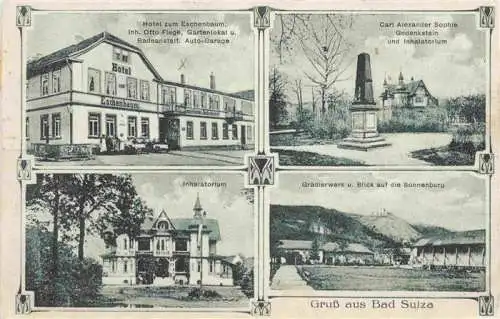 AK / Ansichtskarte  Bad_Sulza_Thueringen Hotel zum Eschenbaum Carl Alexander Sophie Gedenkstein Inhalatorium Gradierwerk Blick auf die Sonnenburg