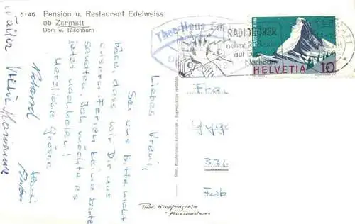 AK / Ansichtskarte  Zermatt_VS Pension und Restaurant Edelweiss Dom und Taeschhorn