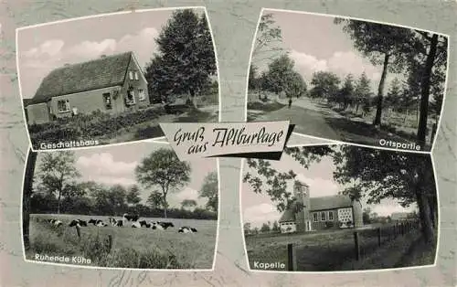 AK / Ansichtskarte  Altburlage_Rhauderfehn_Niedersachsen Geschaeftshaus Ortspartie Kuhweide Kapelle