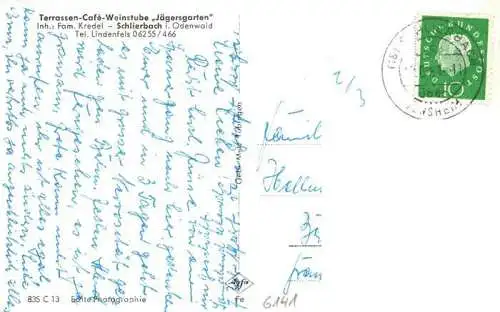 AK / Ansichtskarte  Schlierbach_Odenwald_Lindenfels_Hessen Terrassen-Café Weinstube Jaegersgarten