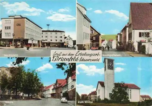AK / Ansichtskarte 73976607 Birkenfeld_Wuerttemberg Marktplatz Baumgartenstrasse Schule Katholische Kirche