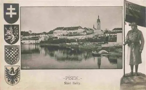 AK / Ansichtskarte 73977434 Pisek__Pisch_CZ Stare Basty Panorama Wappen Soldat