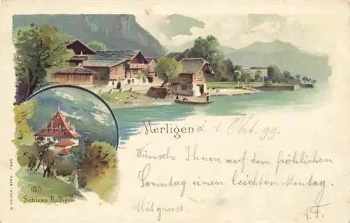 AK / Ansichtskarte  Merligen_Thunersee Haeuser am See Schloss Ralligen Kuenstlerkarte