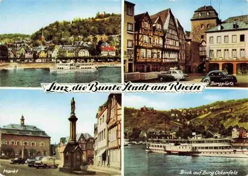 AK / Ansichtskarte  Linz_Rhein_Rheinland-Pfalz Die bunte Stadt am Rhein Fahrgastschiff Burgplatz Markt Burg Ockenfels