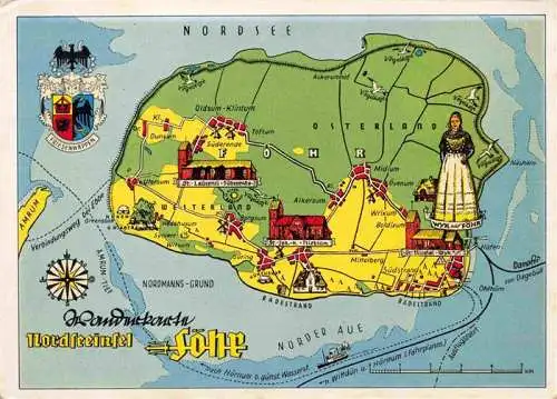 AK / Ansichtskarte 73978363 Insel_Foehr Landkarte mit Sehenswuerdigkeiten Wappen Kompass