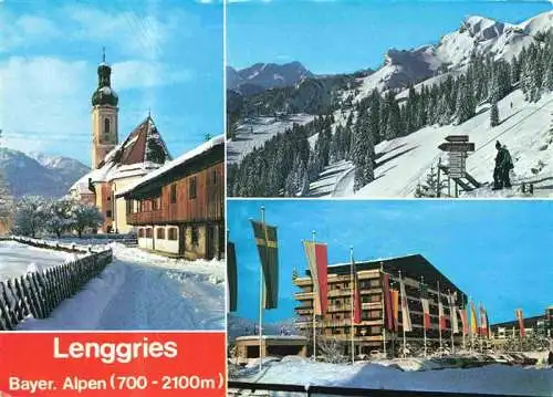 AK / Ansichtskarte 73978385 Lenggries Ansicht mit Kirche Hotel Wintersportplatz Alpen Austragungsort Weltcup Skirennen