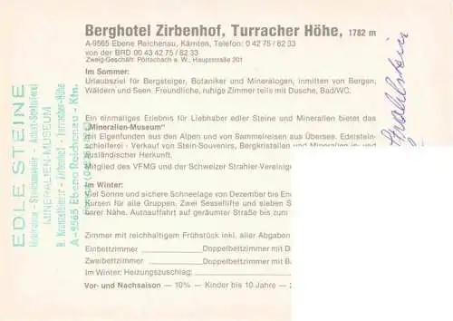 AK / Ansichtskarte 73978470 Ebene_Reichenau_Kaernten_AT Berghotel Zirbenhof Turracherhoehe Mineralien Museum Edelsteinschleiferei