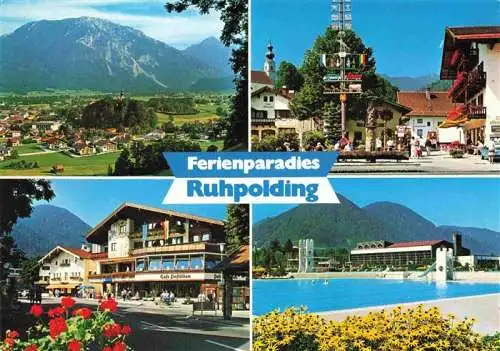 AK / Ansichtskarte  Ruhpolding Panorama Blick gegen Rauschberg und Sonntagshorn Dorfplatz Marienbrunnen Maibaum Hauptstrasse Freibad