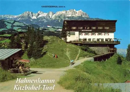 AK / Ansichtskarte 73978540 Kitzbuehel_Tirol_AT Bergrestaurant Hahnenkamm Blick gegen Kaisergebirge