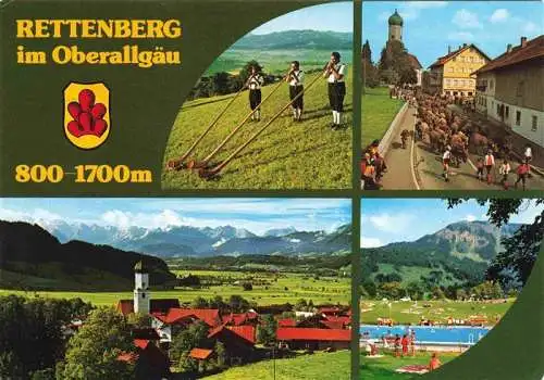 AK / Ansichtskarte 73978864 Rettenberg_Oberallgaeu Alphornblaeser Viehtrieb durch den Ort Panorama Alpen Freibad