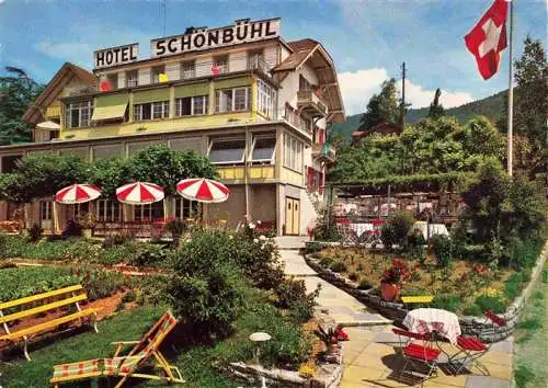 AK / Ansichtskarte  Hilterfingen_Thunersee_BE Hotel Restaurant Schoenbuehl Garten Terrasse Schweizer Flagge