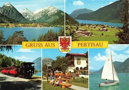AK / Ansichtskarte 73978943 Pertisau_Achensee_Tirol_AT Panorama Eisenbahn Hotel Restaurant Segeln Alpen